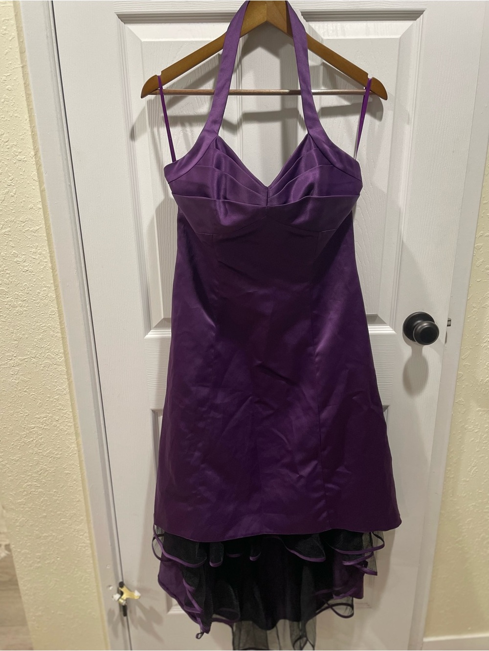 Vintage Purple Satin Halter Hi-Low Ruffle Formal Homecoming Dress